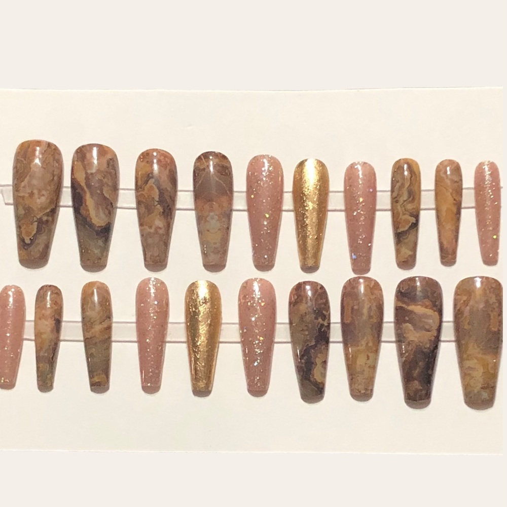 Handmade Custom Press on Nails Long Coffin UV Gel Brown Tan Marble Gold Metallic - Picture 6 of 9